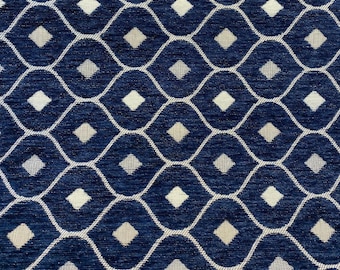 Mercedes Blue Navy Damask Diamond Chenille Upholstery Fabric By The Yard