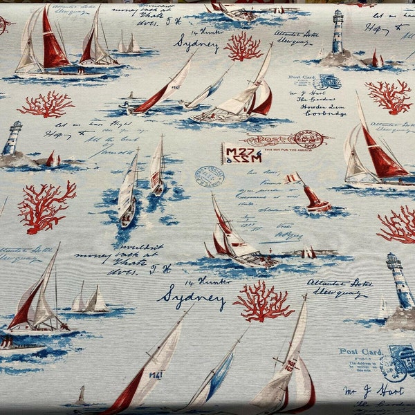 Sailboats Sea Blue Vilber Cotton Drapery Upholstery Fabric By The Yard