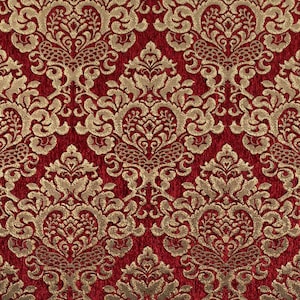 Chenille Upholstery Damask Ruby Red Gold Print Cleopatra   fabric BY The Yard