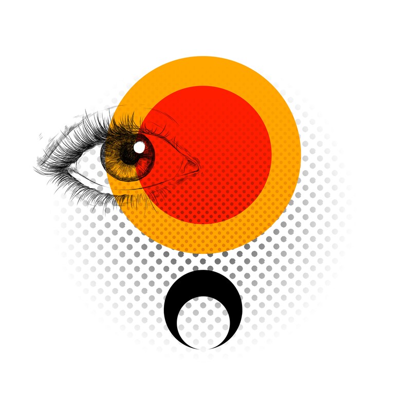 May include: A stylized black and white eye with eyelashes, partially obscured by a yellow circle with a red circle inside. The background is a gray and white dotted pattern with a black crescent moon.