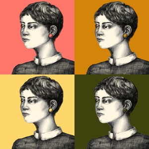 Könnte beinhalten: Eine digitale Illustration einer Person mit kurzen, dunklen Haaren, die ein Hemd mit Kragen trägt. Die Person ist auf vier verschiedenen Farbhintergründen dargestellt: rosa, orange, gelb und grün. Die Person trägt einen kleinen, runden Ohrring an jedem Ohr.