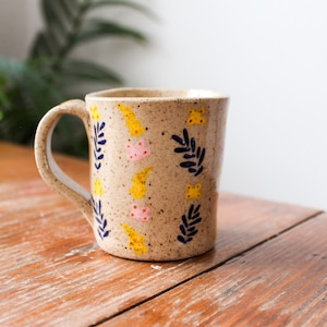 Floral ceramic mug, handmade mug, speckled clay mug, small boho mug, flowery mug, mug with flowers, clay mug, hand built ceramic mug, image 1