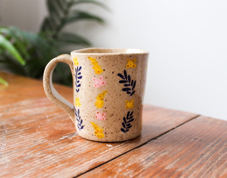 Floral ceramic mug, handmade mug, speckled clay mug, small boho mug, flowery mug, mug with flowers, clay mug, hand built ceramic mug, image 1