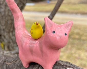 Handmade Ceramic cats, cat art, ceramic kitties, cute cat decor, cat figurine, cat gift ideas, canary art, cat and bird art, kitty art