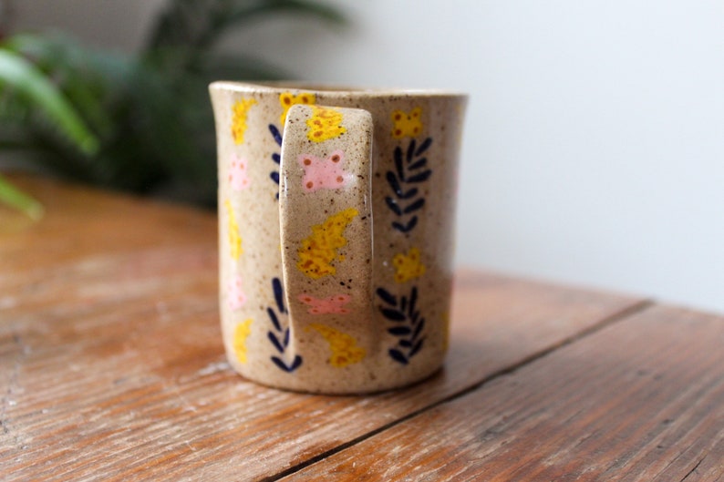 Floral ceramic mug, handmade mug, speckled clay mug, small boho mug, flowery mug, mug with flowers, clay mug, hand built ceramic mug, image 3