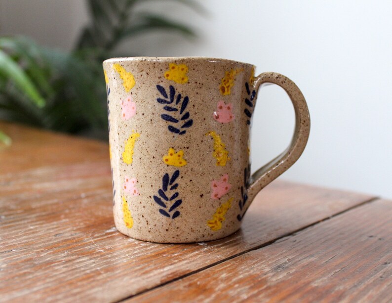 Floral ceramic mug, handmade mug, speckled clay mug, small boho mug, flowery mug, mug with flowers, clay mug, hand built ceramic mug, image 2