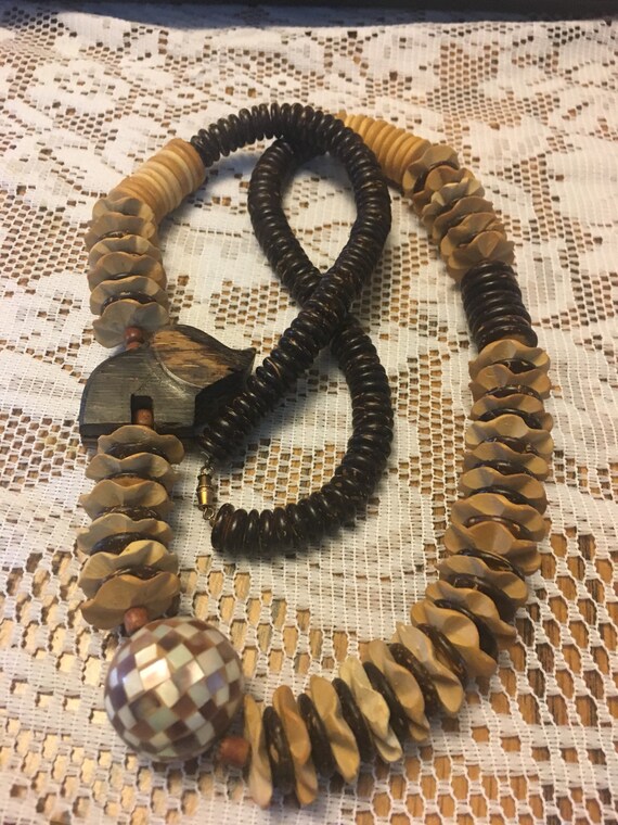 Wooden Elephant Necklace: Carved Beads, Mother of… - image 1