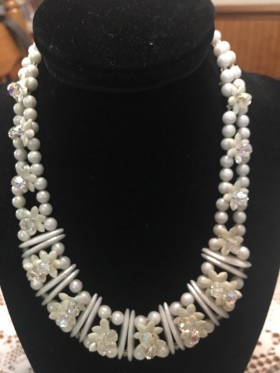 Vintage Pearl, Mother of Pearl and Crystals Neckl… - image 2