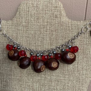 May include: A silver chain necklace with red and silver beads and brown buckeye nuts. The necklace has a silver clasp and a small charm with a red heart.