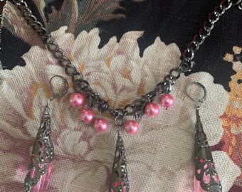 Pink Pendant Necklace and Earrings