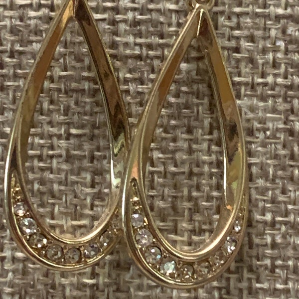 Signed LC Gold Teardrop Rhinestone Earrings