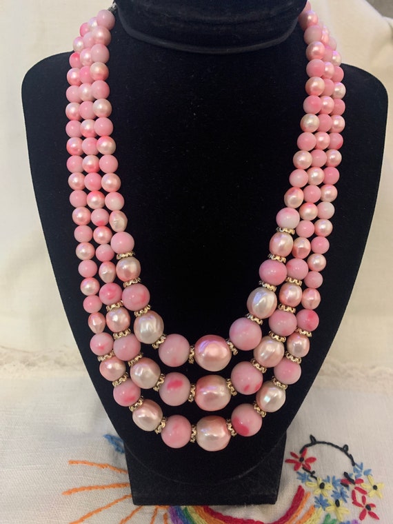 Pink Three Strand Necklace signed Japan