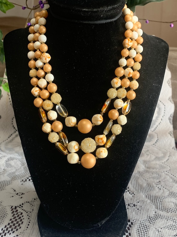 Peach and Sugar Beads Three Strand Necklace. Signed Japan Etsy