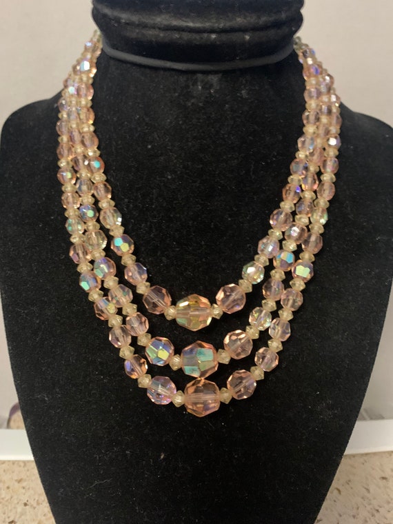 Triple Strand Peach/ Champagne Crystal Necklace si