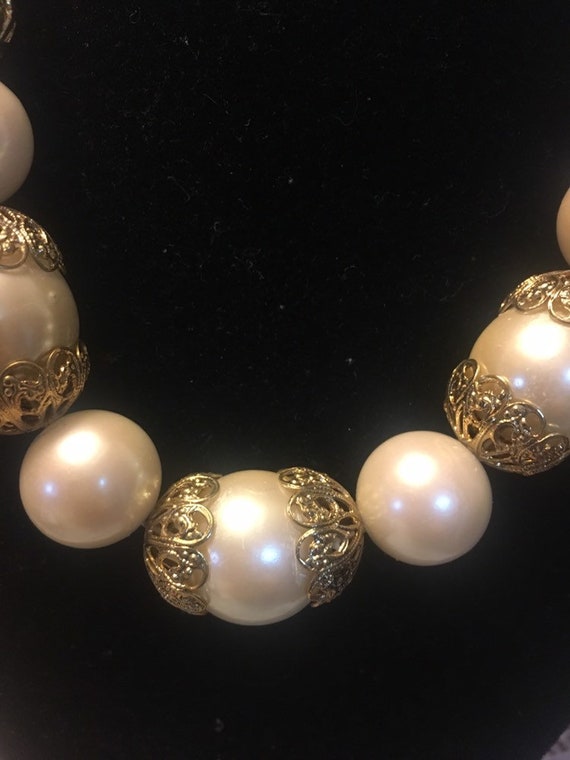 Carol Dauplaise Pearl and Gold Filigree Necklace