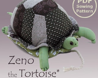 May include: A PDF sewing pattern for a quilted tortoise plush toy called Zeno the Tortoise. The pattern includes instructions for making a quilted shell and a green felt head and legs.