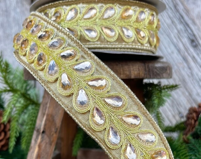 1.5" Gold Jeweled Ribbon, Farrisilk Ribbon, Wired Ribbon, Christmas Ribbon, Gold Jeweled Ribbon, Pear Shape Jeweled Ribbon, Wired