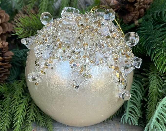 5" Ivory Pearl Bejeweled Ornament, Ivory Ornament, Jeweled Ornament, Christmas Tree Ornament, Elegant Ornament, Farrisilk, FW361-63