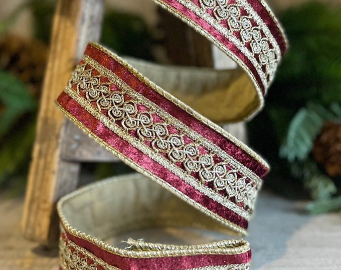 1.5" Burgundy Velvet Trim RIbbon, Red Christmas RIbbon, Burgundy Designer Ribbon, Burgundy Gold Embroidered Ribbon