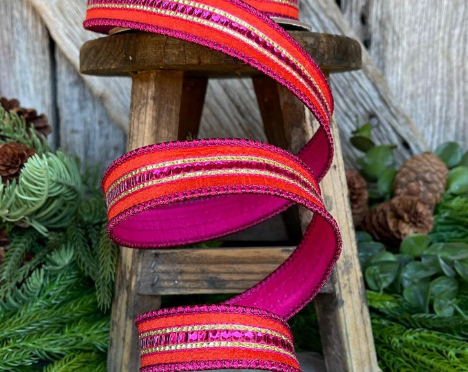 5/8" Orange Hot Pink Sequin Trim RIbbon, Wired RIbbon, Orange Ribbon, Orange and Hot Pink Ribbon, Sequin Ribbon, Christmas Ribbon