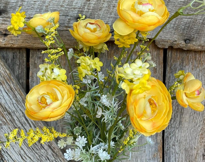 21.5" Yellow Ranunculus Florals Bush, Artifical Floral Bush, Yellow Floral Bush, Yellow Ranunculs, Spring Florals, 40218-YEL