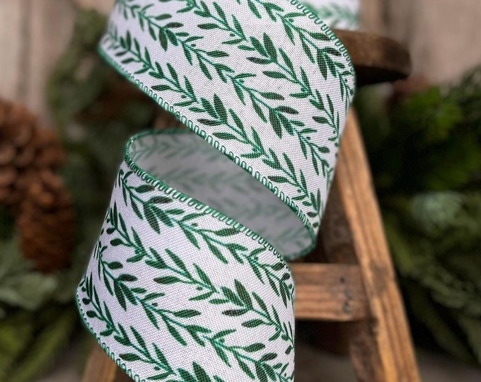 2.5" Green Leaf Ribbon, Wired Ribbon, Spring Ribbon, Wedding Ribbon, Everyday Ribbon, Olive LEaf Ribbon, Green White Ribbon