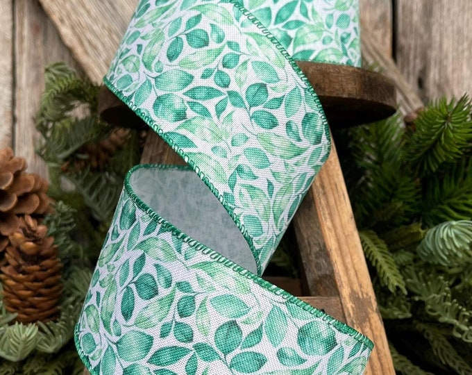 2.5" Green Leaf Ribbon, Wired Ribbon, Spring Ribbon, Wedding Ribbon, Everyday Ribbon, Gren LEaf Ribbon, Green White Ribbon