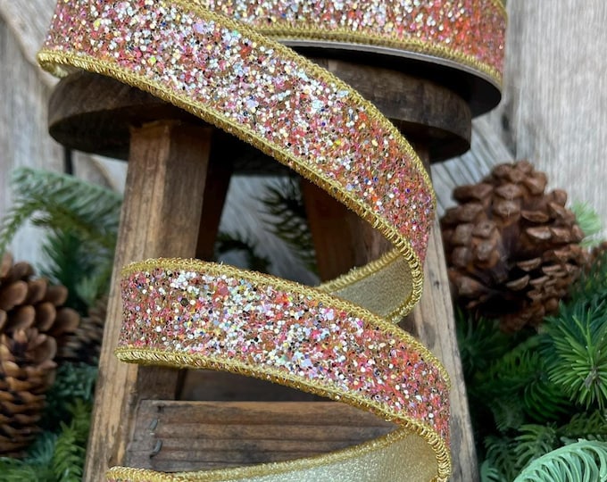 1" Candy Glitter Ribbon, Farrisilk Ribbon, Rose Gold RIbbon, Candy Ribbon, Designer Ribbon, Christmas Ribbon, RC123-32