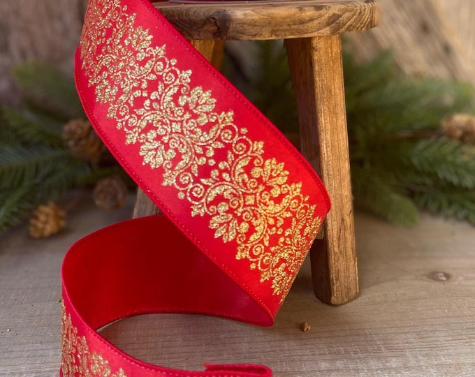 2.5" Farrisilk Red and Gold Kingston Manor Wired Ribbon, Red Gold Christmas Ribbon, Ribbon for Christmas Tree, Wired Ribbon, RA975-84
