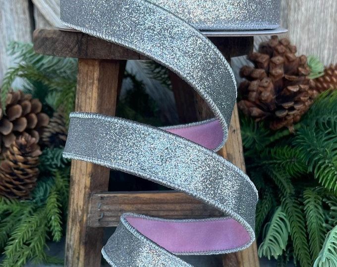 1" Silver Pink Glitter Wired RIbbon, Farrisilk Ribbon, Silver Ribbon, Christmas Ribbon, Designer Ribbon, Silver Christmas Decor, RC119-53