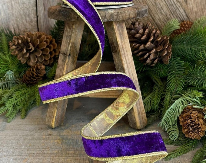 1" Purple Velvet Ribbon, Royal Purple Ribbon, Wired Ribbon, Purple Velvet Ribbon, Purple and Gold Velvet, Christmas Ribbon