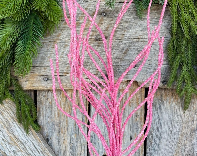 30" Pink Glitter Twig Christmas Spray, Pink Christmas Spray, Christmas Floral Stem, Christmas Tree Spray, Picks and Stems, Pink