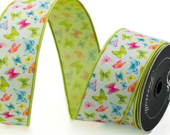 2.5" Butterfly Ribbon, Farrisilk Ribbon, Wired Ribbon, Spring Summer Ribbon, Butterflies Ribbon, Designer Ribbon, Wreath Supply, RK189-32