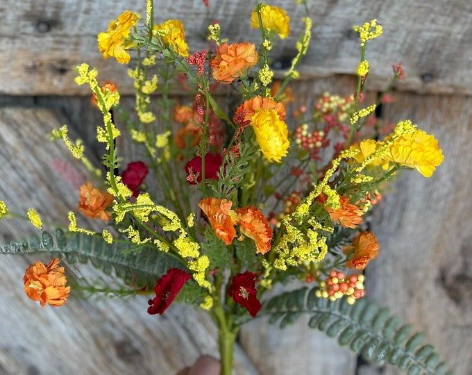 20" Spring Filler Floral Bush, Orange Yellow Red Floral Bush, Hand Tied Bush, Spring FLoral Bush, Wreath, Wedding Florals, 64847-ORYELRD