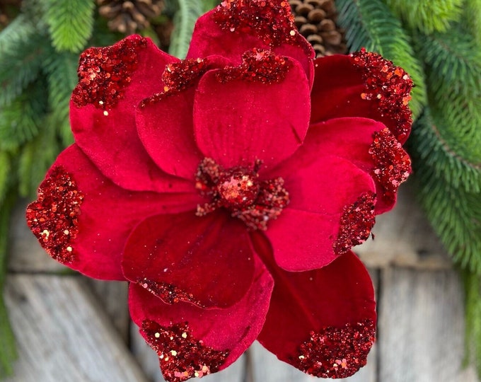 21" Red Velvet Magnolia, Christmas Magnolia, Faux Magnolia Stem, Glitz Magnolia, Red Christmas Floral, Christmas Tree Floral
