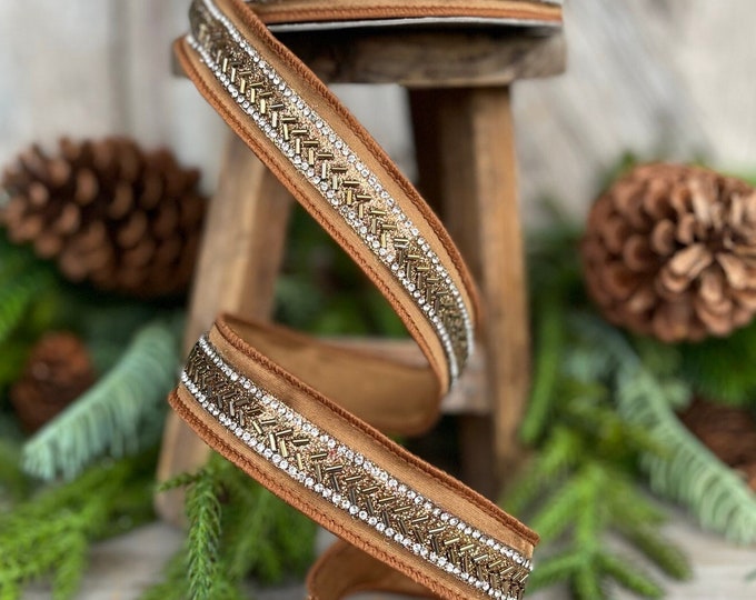 1" Pecan Beaded Baguette RIbbon, Farrisilk Ribbon, Brown Wired RIbbon, Woodsy CHristmas Ribbon, Designer Ribbon, Bronze Ribbon, Christmas