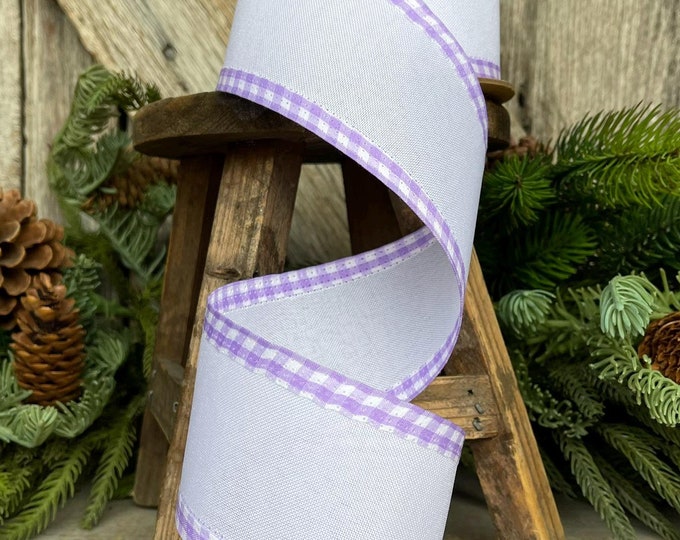 2.5" Purple Lavender Gingham RIbbon, Spring Ribbon, Easter Ribbon, Lavender White Ribbon, Gingham Edge Ribbon
