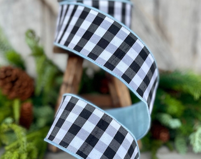 2.5" LIght Blue and Black and White Check Ribbon, Farrisilk Ribbon, WIred Ribbon, Designer Ribbon, Wreath Supply, Ribbon for Bows,BlueRibbon