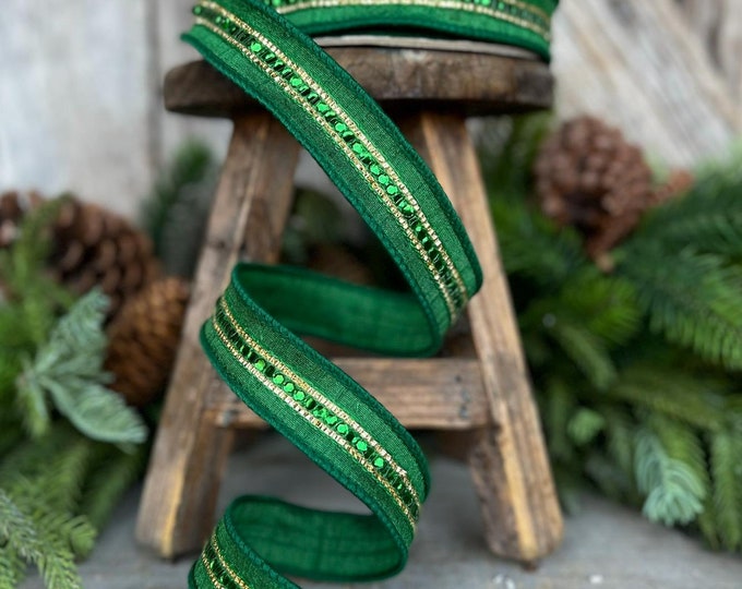 1" Emerald Green Twinkle Trim Ribbon, Farrisilk ribbon, Green RIbbon, Emerald Green Ribbon, Christmas Ribbon, Designer RIbbon, RK756-55