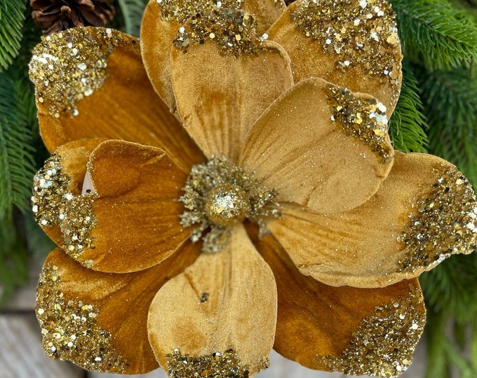 21" Gold Velvet Magnolia, Christmas Magnolia, Faux Magnolia Stem, Glitz Magnolia, Gold Christmas Floral, Christmas Tree Floral