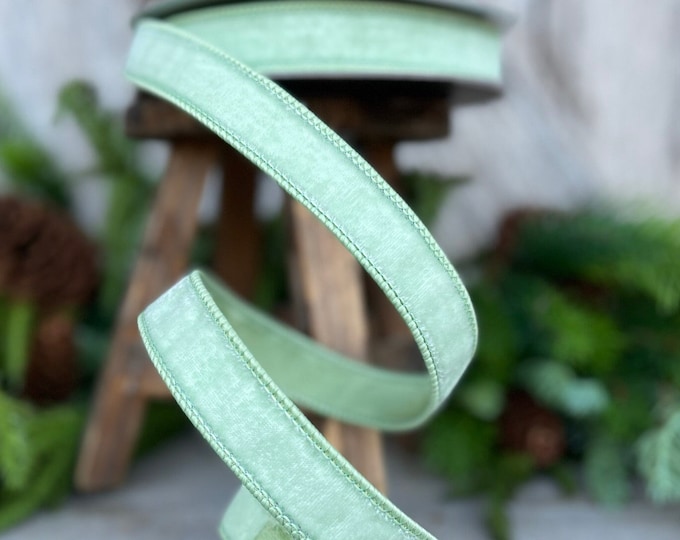 1" Mint Green Velvet Ribbon, Farrisilk Shabby Silk, 1 inch ribbon, mint ribbon, mint ribbon trim, wired ribbon, wreath supply, floral supply