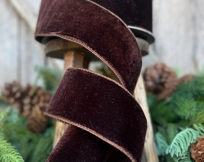 2.5” Chocolate Velvet Ribbon, Farrisilk ribbon, designer ribbon, Brown Velvet RIbbon, Christmas Ribbon, Woodsy Christmas Decor, RV002-23