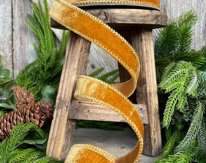 1” Caramel Gold Velvet Ribbon, Velvet ribbon, Wired ribbon, Christmas Ribbon, Wired Ribbon, Gold velvet, Antique Gold ribbon, Christmas tree