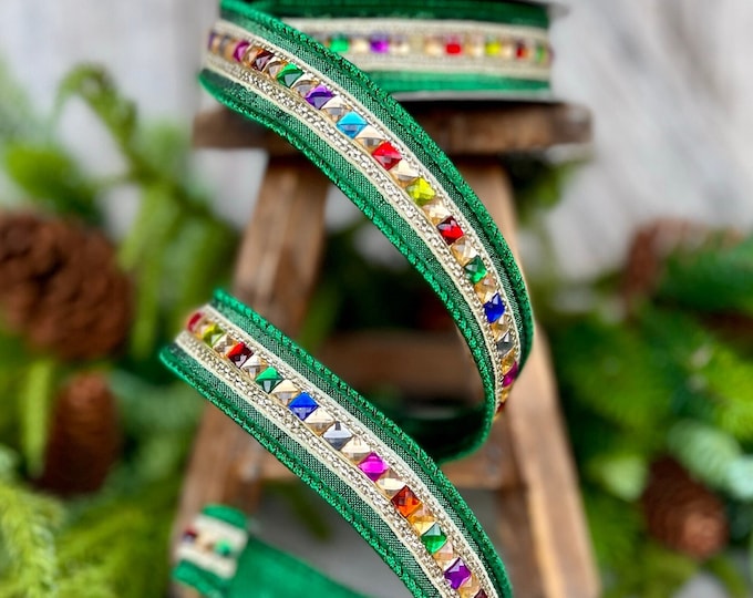 1" Emerald Green KALEIDOSCOPE Ribbon, Farrisilk Ribbon, Green Jeweled Ribbon, Christmas Ribbon, Jeweled Ribbon, Green Jeweled Ribbon, Ribbon