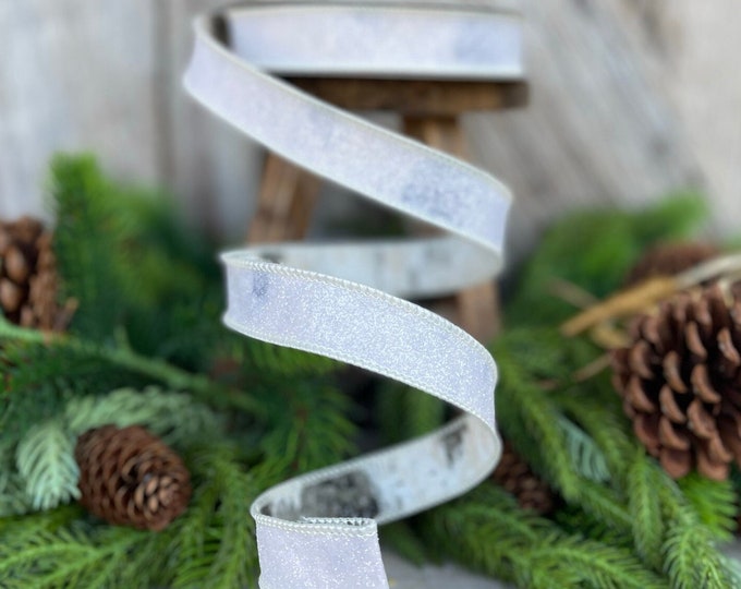 1" White Birch Ribbon, Farrisilk Ribbon, Wired Ribbon, Designer Ribbon, Winter White RIbbon, Birch Decor, Christmas RIbbon, White RIbbon