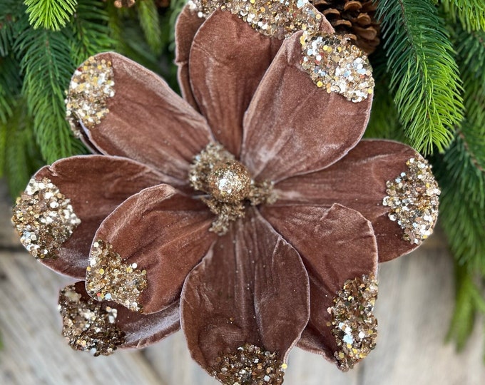 21" Mocha Brown Velvet Magnolia, Christmas Magnolia, Faux Magnolia Stem, Glitz Magnolia, Woodsy Christmas Floral, Christmas Tree Floral