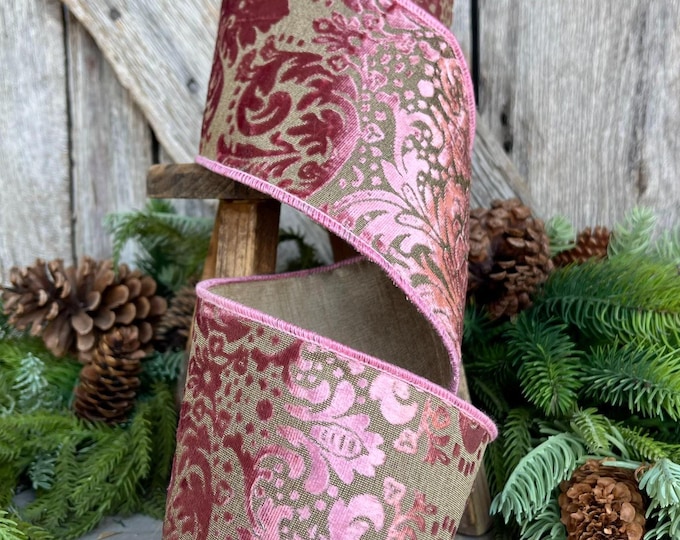 4" Rose Pink Velvet Filigree Christmas Ribbon, Mauve Velvet Ribbon, Blush Pink Ribbon, WIred Ribbon, Christmas Tree Ribbon, Pink Ribbon