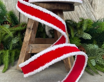 1" Santa Trim, Wired RIbbon, Farrisilk Ribbon, White Furry Trim, Christmas Ribbon, Christmas Tree Ribbon, Designer Ribbon, Red White Ribbon