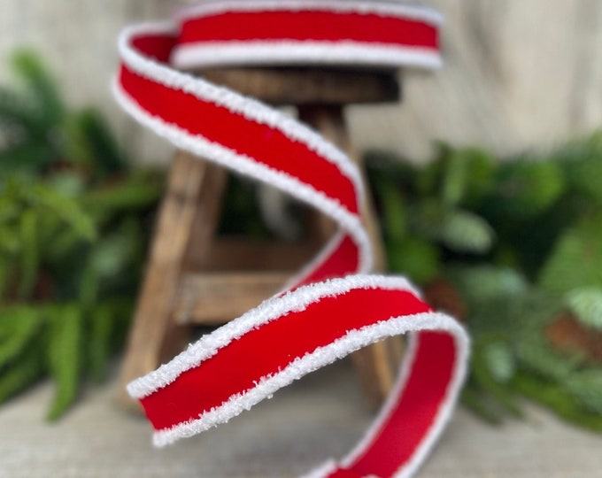 1" Santa Trim, Wired RIbbon, Farrisilk Ribbon, White Furry Trim, Christmas Ribbon, Christmas Tree Ribbon, Designer Ribbon, Red White Ribbon