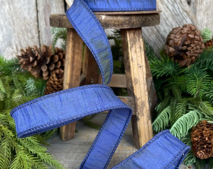1" Navy Blue Ribbon, Dark Blue Ribbon, Blue Dupion Ribbon, Naval Blue, Christmas RIbbon, Wired RIbbon, Giftwrap ribbon, designer ribbon
